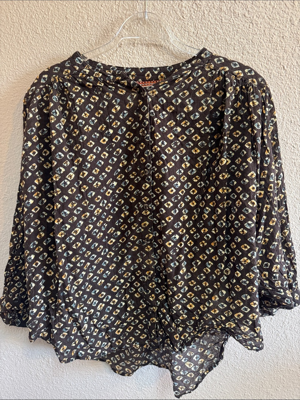 Anthropologie Brown Blouse with Gold & Ivory Geometric Motif